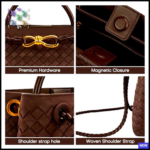 Woven Tote Handbag Top Handle Shoulder Bag PU Leather Chic Versatile Satchel - Picture 6 of 7